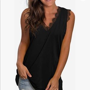 Women's black  Lace Tank Top V Neck Sleeveless Side Split Loose
